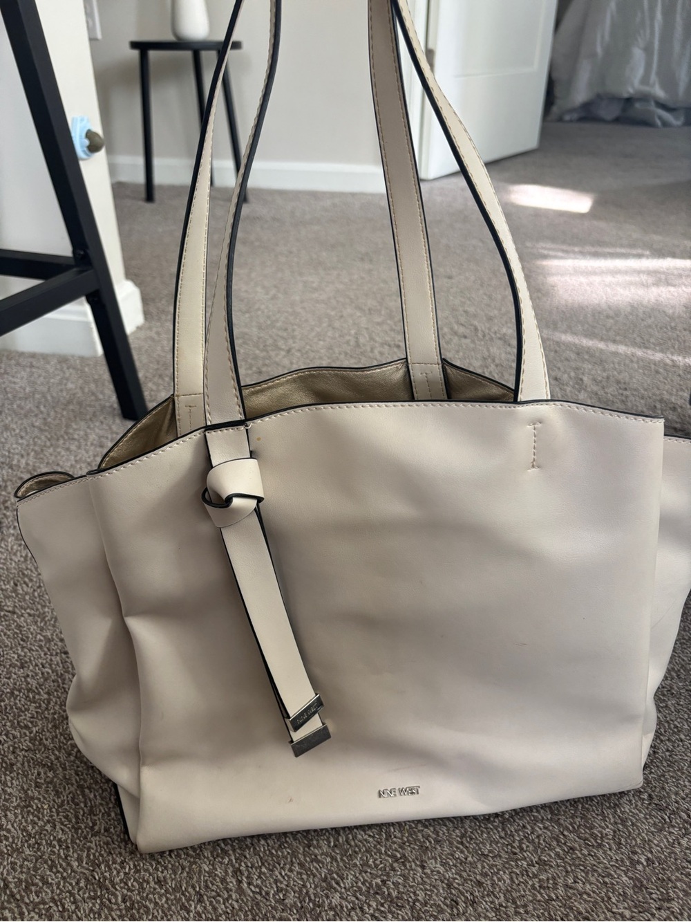 Nine West Cream Leather Tote with Knot Accent